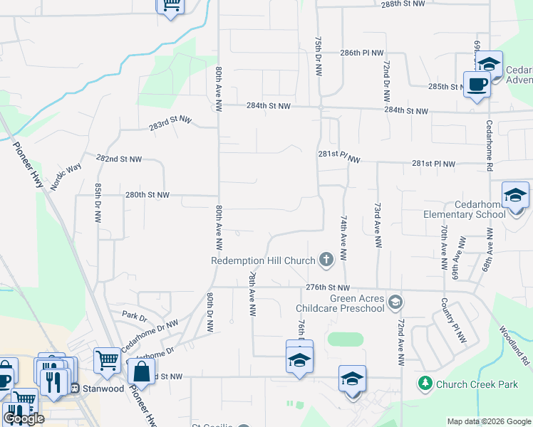 map of restaurants, bars, coffee shops, grocery stores, and more near 27903 76th Drive Northwest in Stanwood