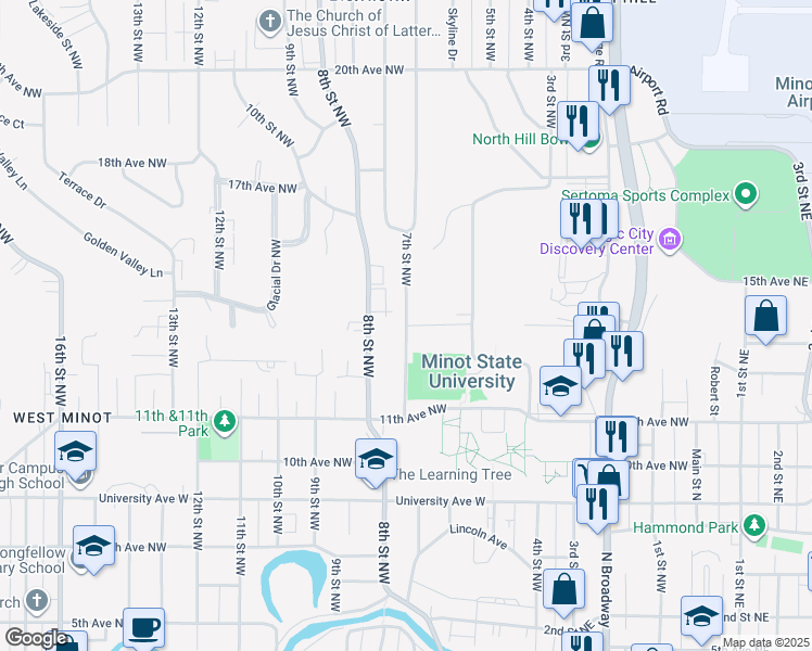map of restaurants, bars, coffee shops, grocery stores, and more near 1357 7th Street Northwest in Minot
