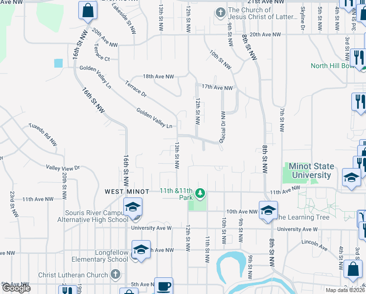 map of restaurants, bars, coffee shops, grocery stores, and more near 1219 Glacial Drive Northwest in Minot