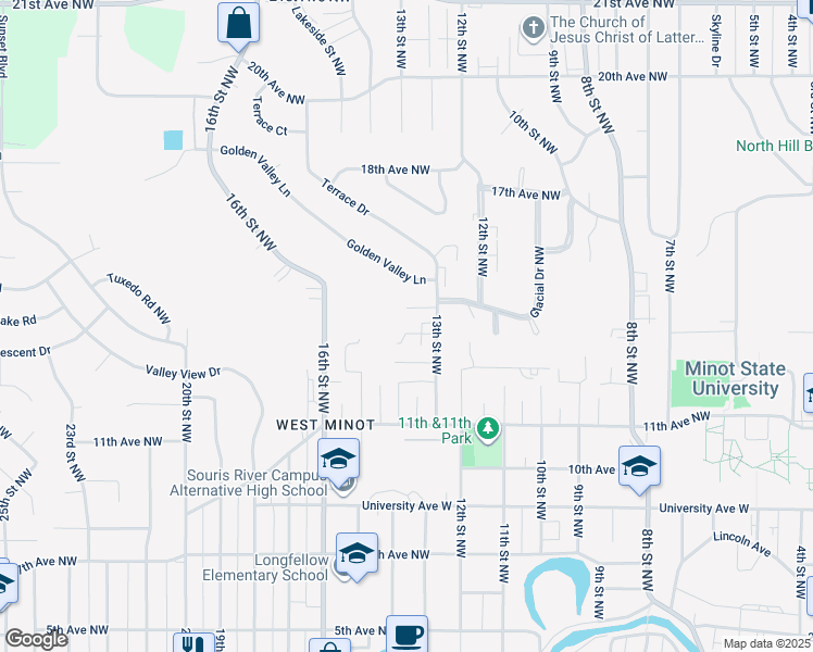 map of restaurants, bars, coffee shops, grocery stores, and more near 1312 15th Avenue Northwest in Minot