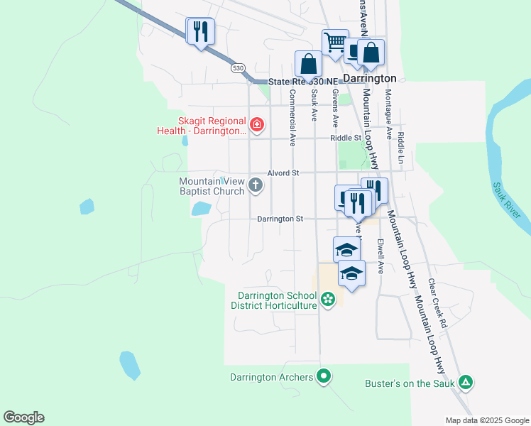 map of restaurants, bars, coffee shops, grocery stores, and more near 725 Madison Avenue in Darrington