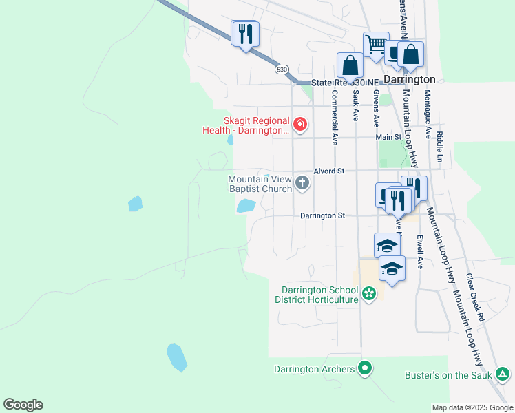 map of restaurants, bars, coffee shops, grocery stores, and more near 1240 Darrington Street in Darrington