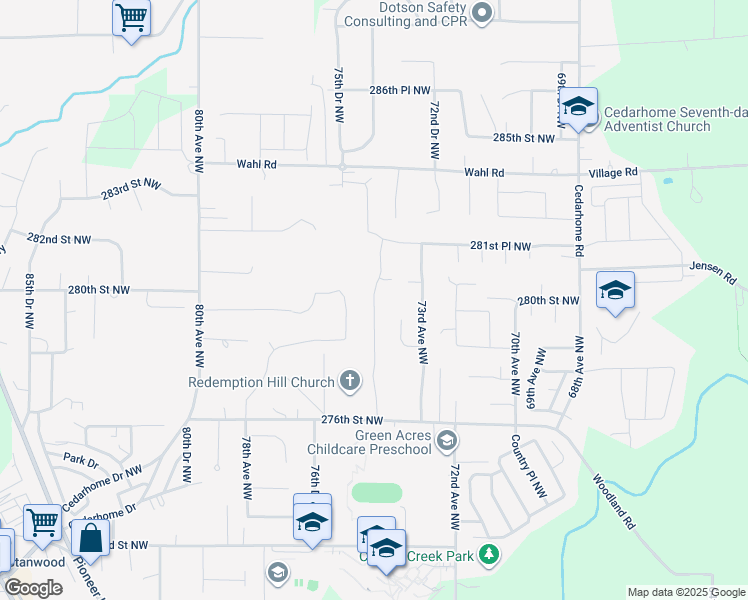 map of restaurants, bars, coffee shops, grocery stores, and more near 28005 74th Avenue Northwest in Stanwood