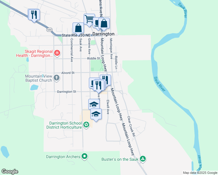 map of restaurants, bars, coffee shops, grocery stores, and more near 710 Elwell Avenue in Darrington