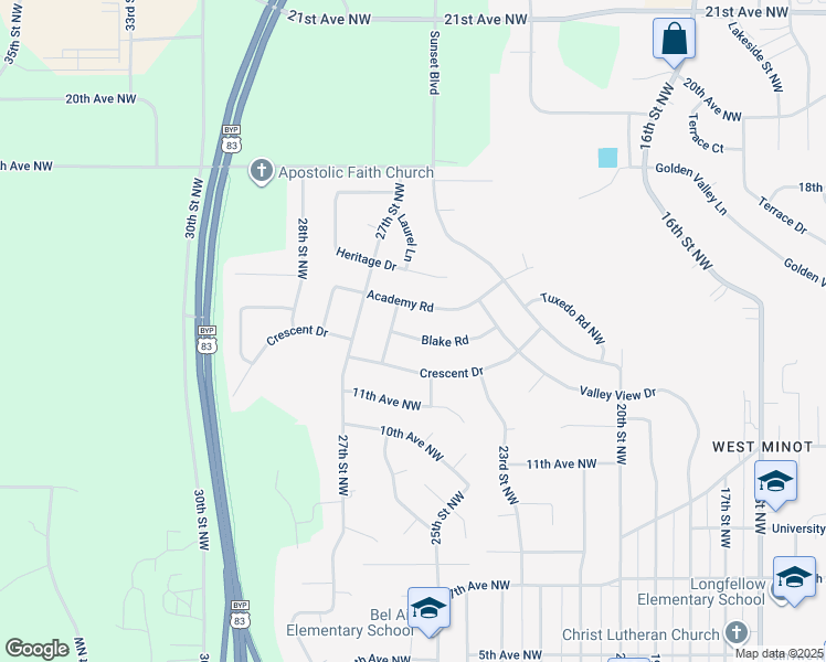 map of restaurants, bars, coffee shops, grocery stores, and more near 2416 Blake Road in Minot