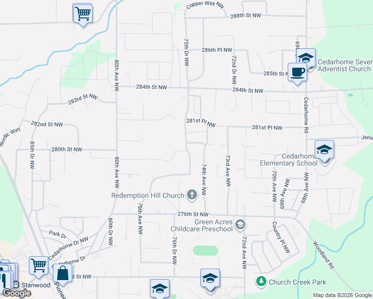 map of restaurants, bars, coffee shops, grocery stores, and more near 27905 75th Drive Northwest in Stanwood
