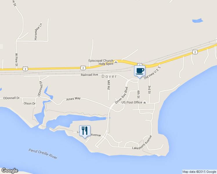 map of restaurants, bars, coffee shops, grocery stores, and more near 302 Mill Road in Sandpoint