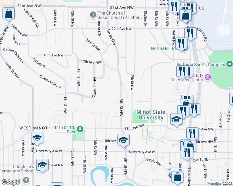 map of restaurants, bars, coffee shops, grocery stores, and more near 1315 8th Street Northwest in Minot