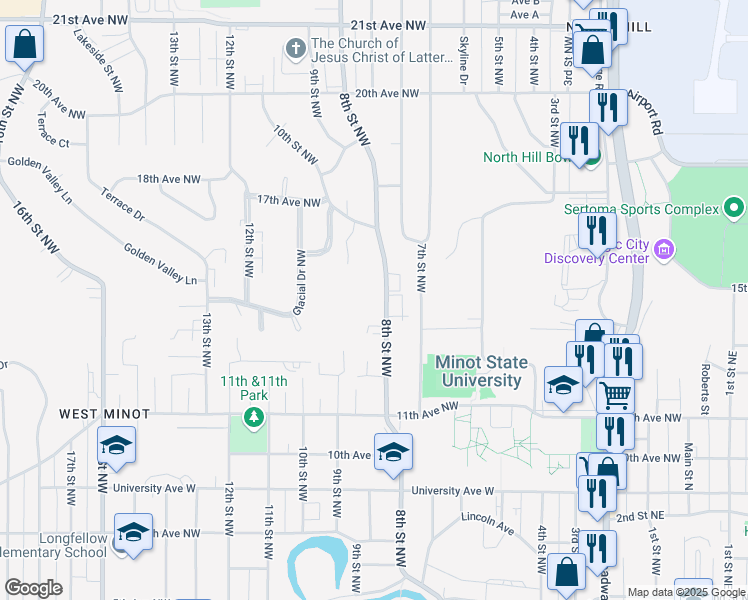 map of restaurants, bars, coffee shops, grocery stores, and more near 1315 8th Street Northwest in Minot