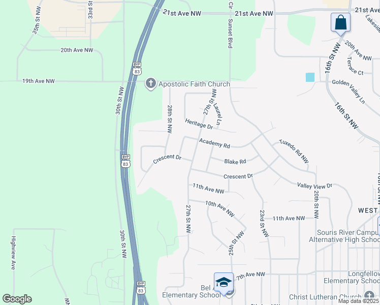 map of restaurants, bars, coffee shops, grocery stores, and more near 1305 27th Street Northwest in Minot