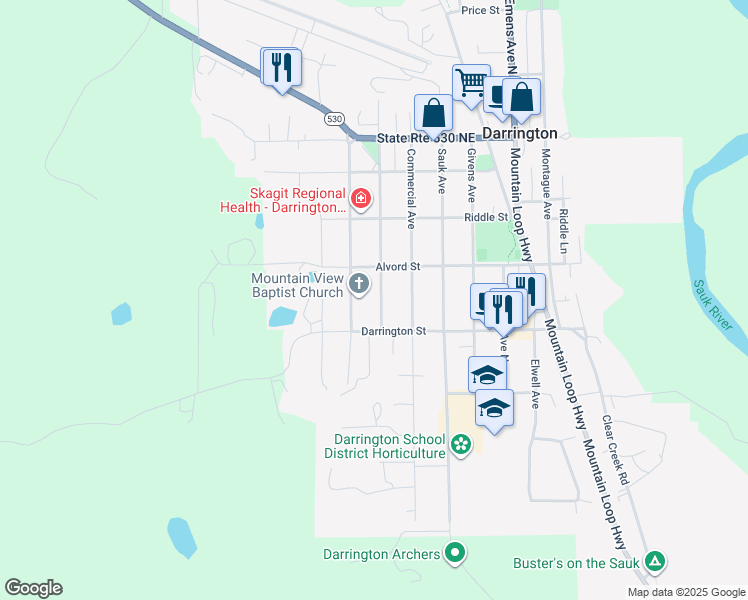 map of restaurants, bars, coffee shops, grocery stores, and more near 725 Madison Avenue in Darrington