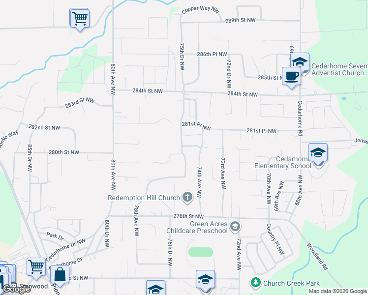 map of restaurants, bars, coffee shops, grocery stores, and more near 7412 280th Place Northwest in Stanwood