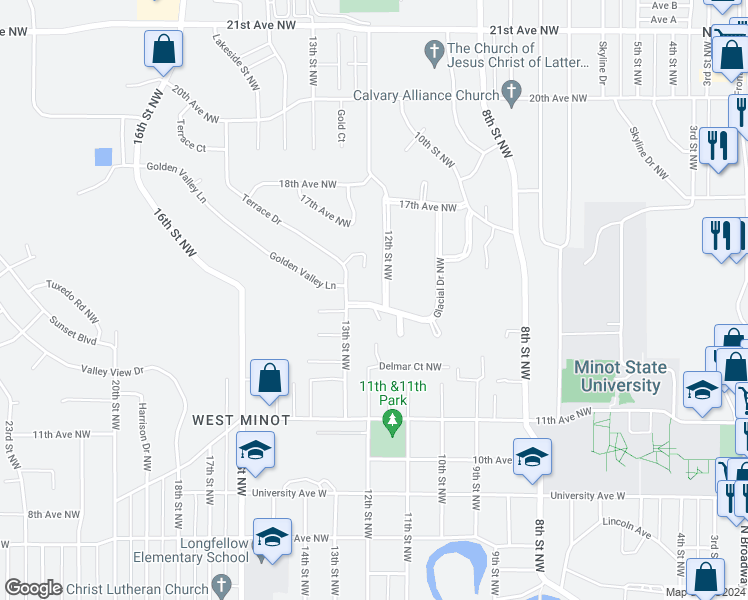 map of restaurants, bars, coffee shops, grocery stores, and more near 1116 Glacial Drive Northwest in Minot