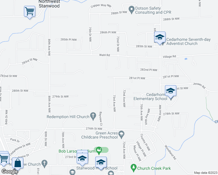 map of restaurants, bars, coffee shops, grocery stores, and more near 28022 73rd Avenue Northwest in Stanwood