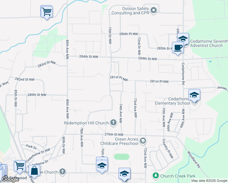 map of restaurants, bars, coffee shops, grocery stores, and more near 7409B 280th Place Northwest in Stanwood
