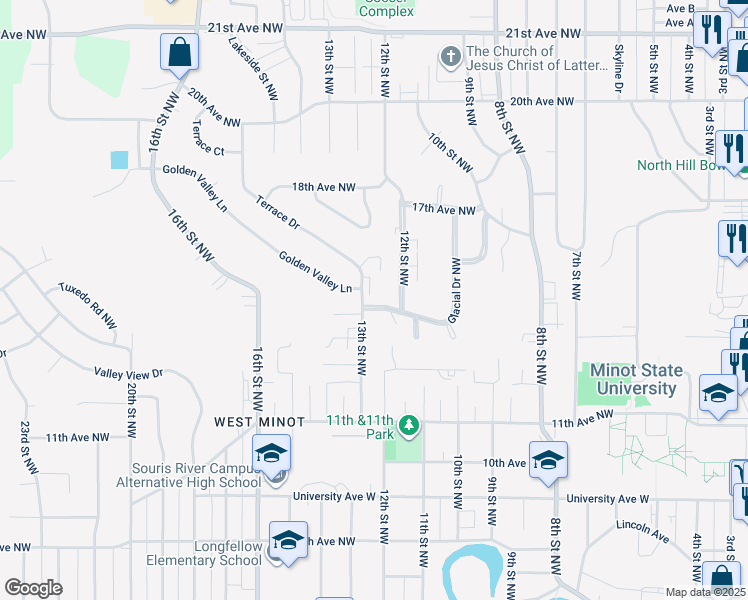 map of restaurants, bars, coffee shops, grocery stores, and more near 1219 Glacial Drive Northwest in Minot