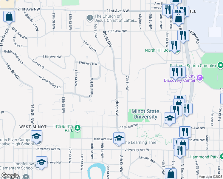 map of restaurants, bars, coffee shops, grocery stores, and more near 1315 8th Street Northwest in Minot
