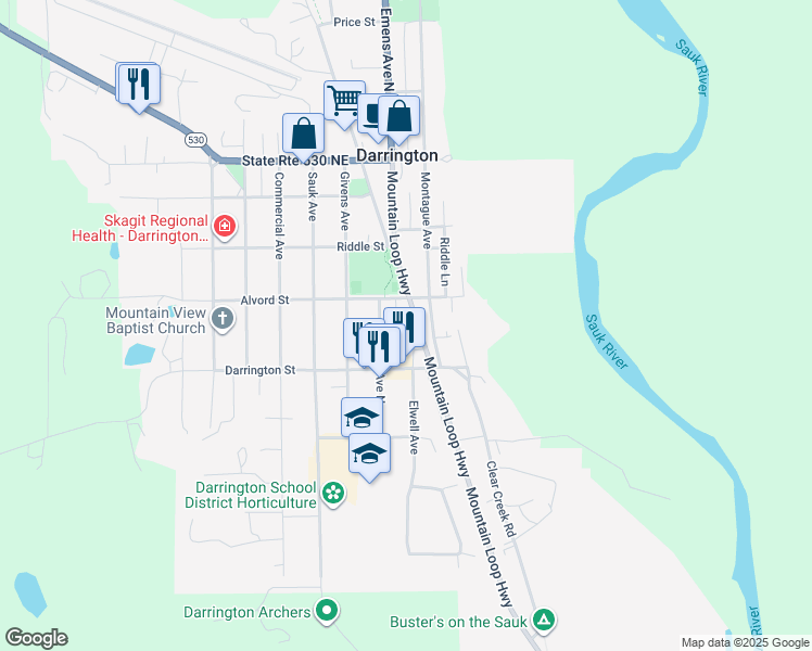 map of restaurants, bars, coffee shops, grocery stores, and more near 710 Elwell Avenue in Darrington