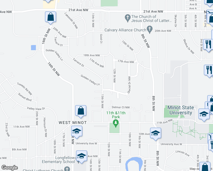 map of restaurants, bars, coffee shops, grocery stores, and more near 1219 Glacial Drive Northwest in Minot
