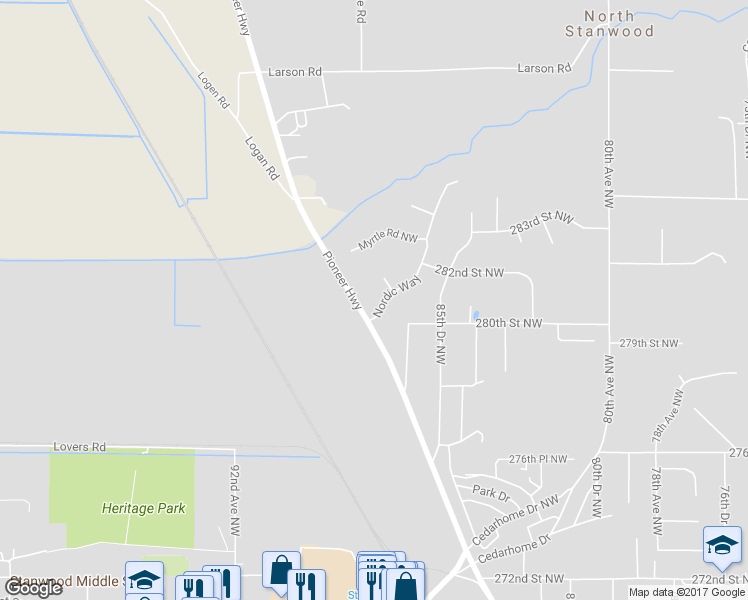map of restaurants, bars, coffee shops, grocery stores, and more near 8704 Nordic Way in Stanwood