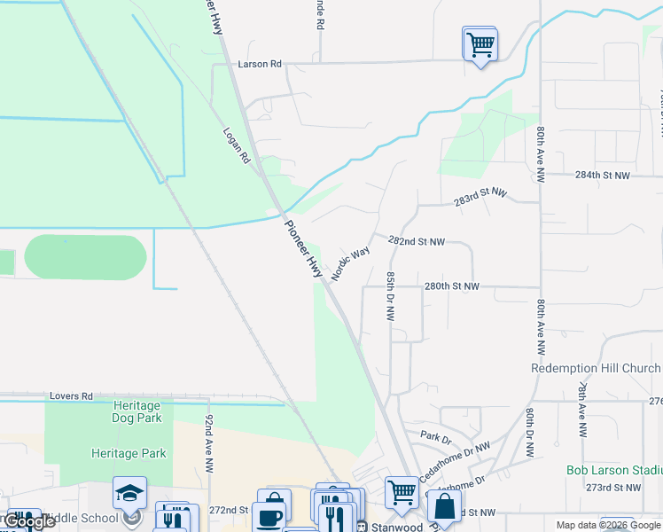 map of restaurants, bars, coffee shops, grocery stores, and more near 8704 Nordic Way in Stanwood
