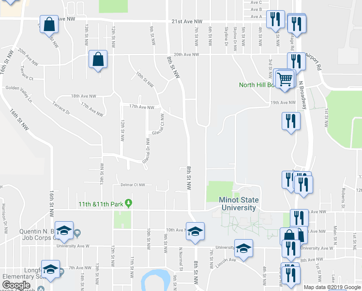 map of restaurants, bars, coffee shops, grocery stores, and more near 1315 8th Street Northwest in Minot