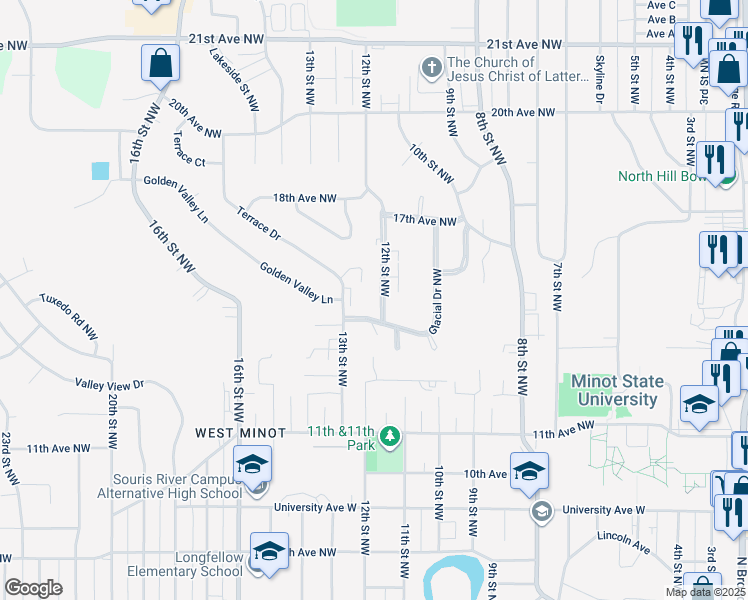 map of restaurants, bars, coffee shops, grocery stores, and more near 1116 Glacial Drive Northwest in Minot