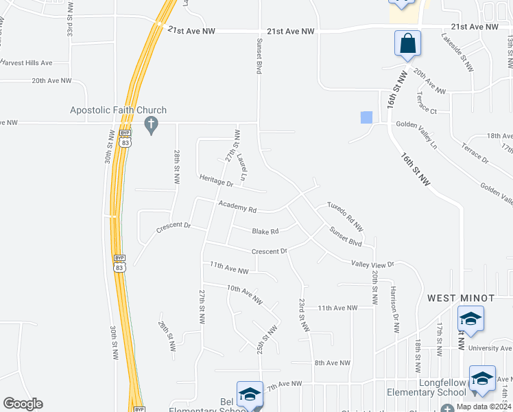 map of restaurants, bars, coffee shops, grocery stores, and more near 2416 Blake Road in Minot