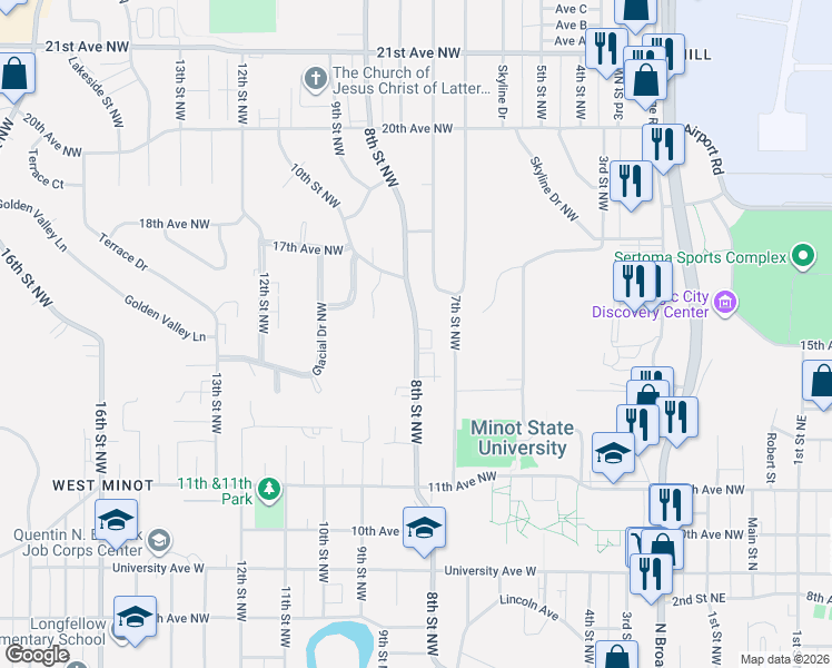 map of restaurants, bars, coffee shops, grocery stores, and more near 1408 8th Street Northwest in Minot
