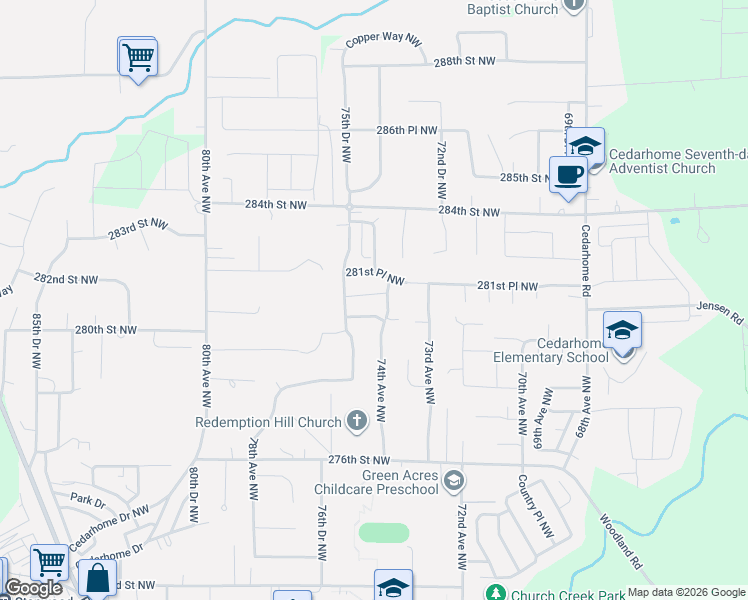 map of restaurants, bars, coffee shops, grocery stores, and more near 7404 281st Street Northwest in Stanwood