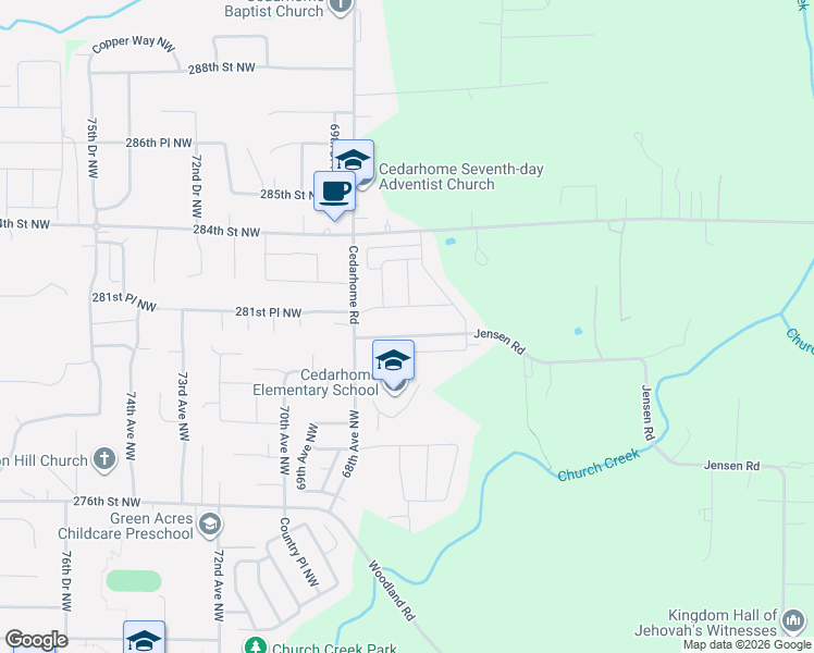 map of restaurants, bars, coffee shops, grocery stores, and more near 6623 Jensen Road in Stanwood