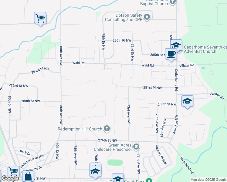 map of restaurants, bars, coffee shops, grocery stores, and more near 7404 281st Street Northwest in Stanwood