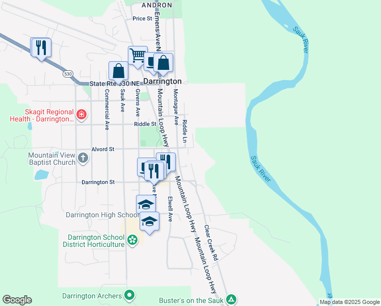 map of restaurants, bars, coffee shops, grocery stores, and more near 1005 Alvord Street in Darrington
