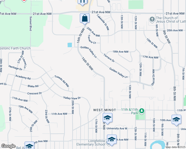 map of restaurants, bars, coffee shops, grocery stores, and more near 1551 16th Street Northwest in Minot