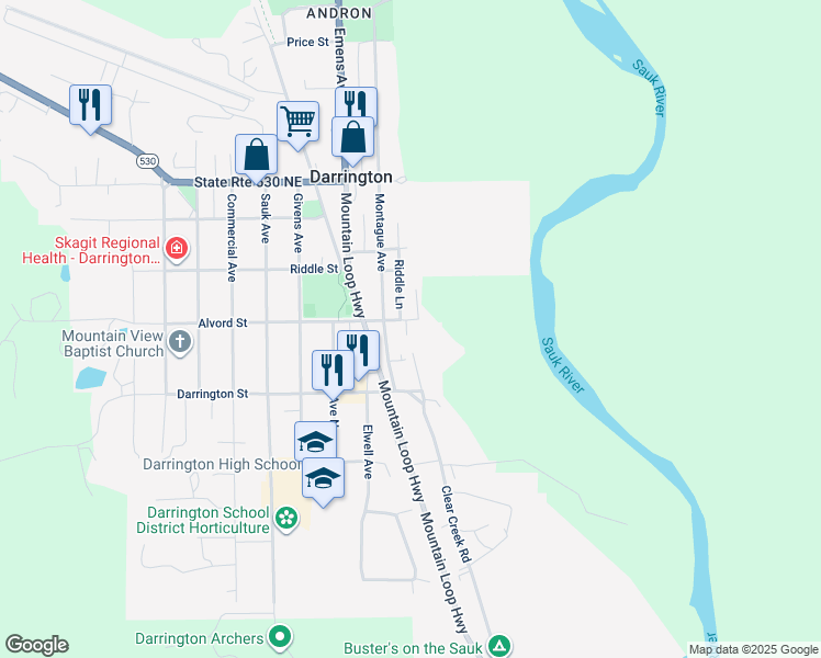 map of restaurants, bars, coffee shops, grocery stores, and more near 1005 Alvord Street in Darrington