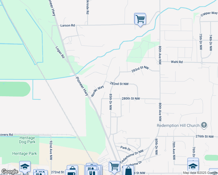 map of restaurants, bars, coffee shops, grocery stores, and more near 28124 85th Drive Northwest in Stanwood