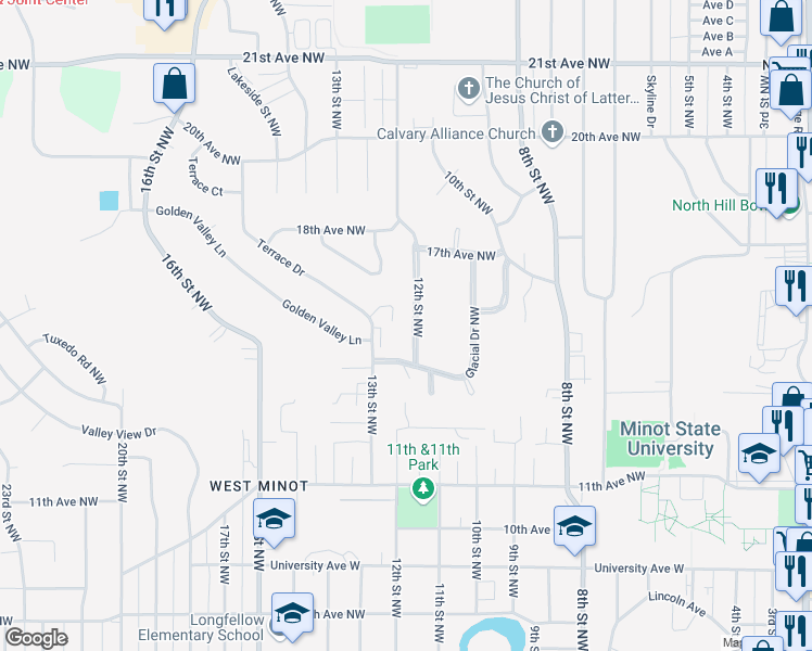 map of restaurants, bars, coffee shops, grocery stores, and more near 1525 12th Street Northwest in Minot