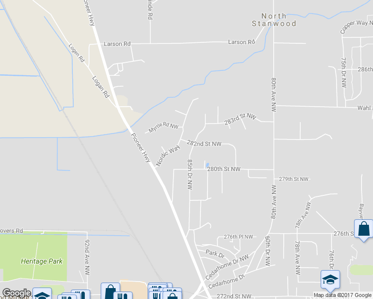 map of restaurants, bars, coffee shops, grocery stores, and more near 28124 85th Drive Northwest in Stanwood