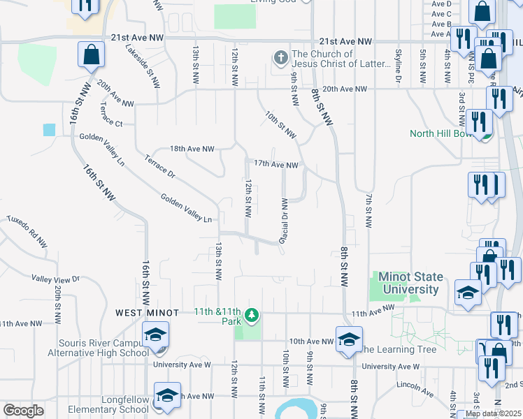 map of restaurants, bars, coffee shops, grocery stores, and more near 1601 Glacial Drive Northwest in Minot