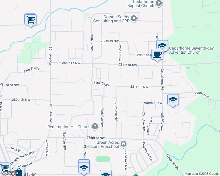 map of restaurants, bars, coffee shops, grocery stores, and more near 7317 281st Place Northwest in Stanwood