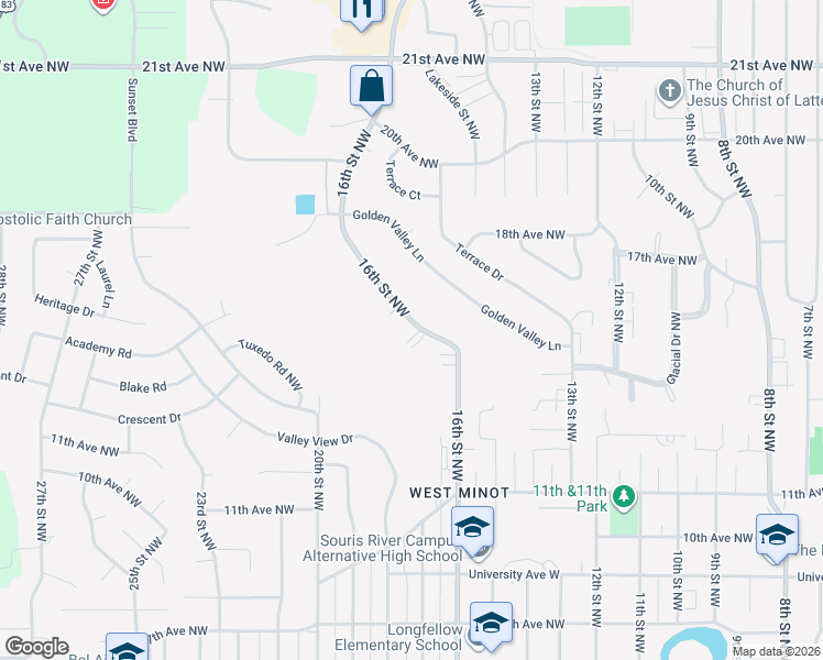 map of restaurants, bars, coffee shops, grocery stores, and more near 1551-1577 16th Street Northwest in Minot