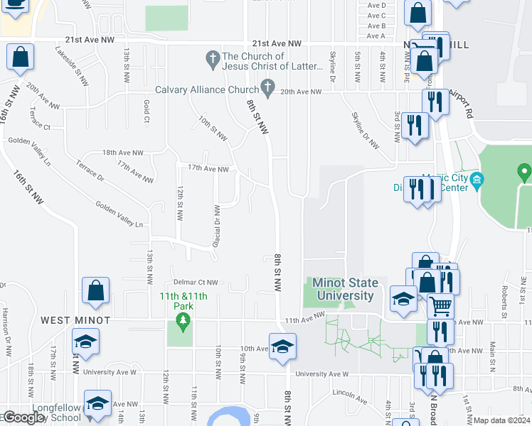 map of restaurants, bars, coffee shops, grocery stores, and more near 1603 7th Street Northwest in Minot