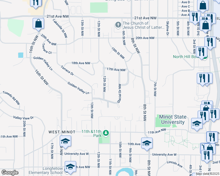 map of restaurants, bars, coffee shops, grocery stores, and more near 1601 Glacial Drive Northwest in Minot