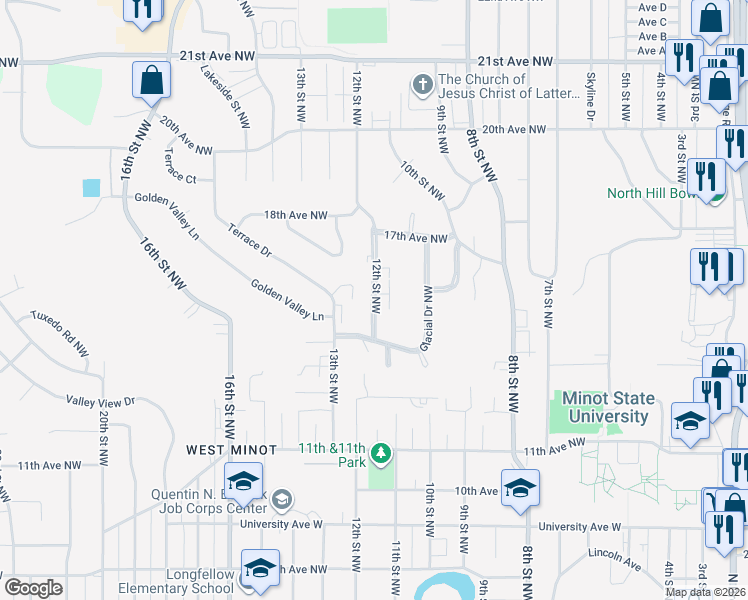 map of restaurants, bars, coffee shops, grocery stores, and more near 1525 12th Street Northwest in Minot