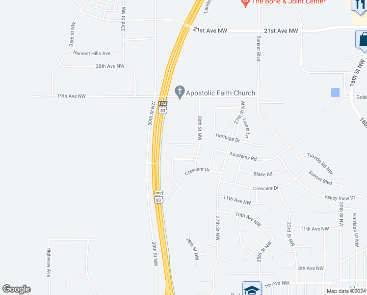 map of restaurants, bars, coffee shops, grocery stores, and more near 2808 15th Avenue Northwest in Minot