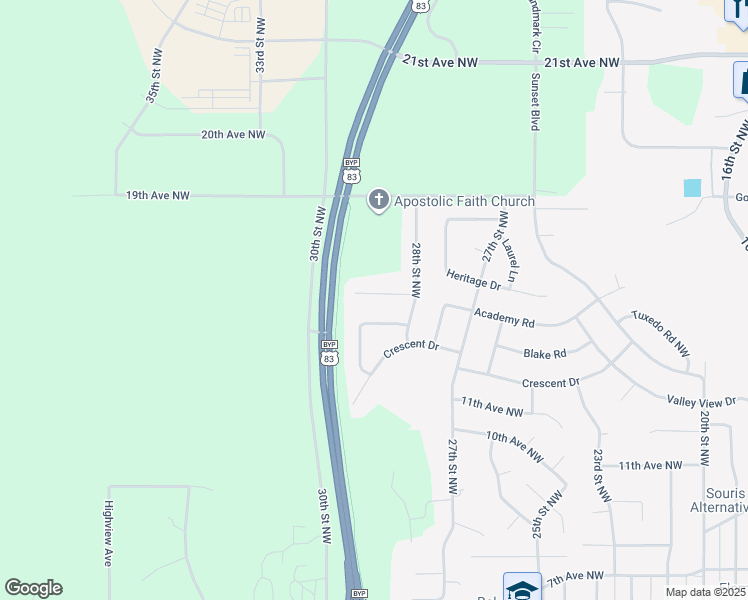 map of restaurants, bars, coffee shops, grocery stores, and more near 2808 15th Avenue Northwest in Minot