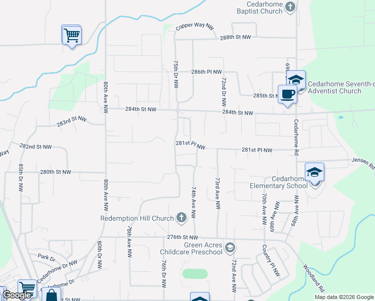 map of restaurants, bars, coffee shops, grocery stores, and more near 7407 281st Street Northwest in Stanwood