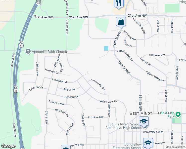 map of restaurants, bars, coffee shops, grocery stores, and more near 2111 Academy Road in Minot