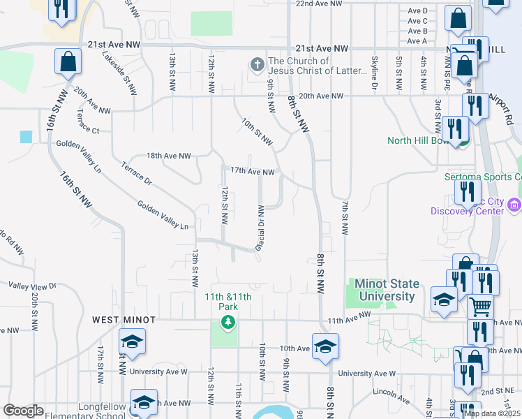 map of restaurants, bars, coffee shops, grocery stores, and more near 1601 Glacial Drive Northwest in Minot