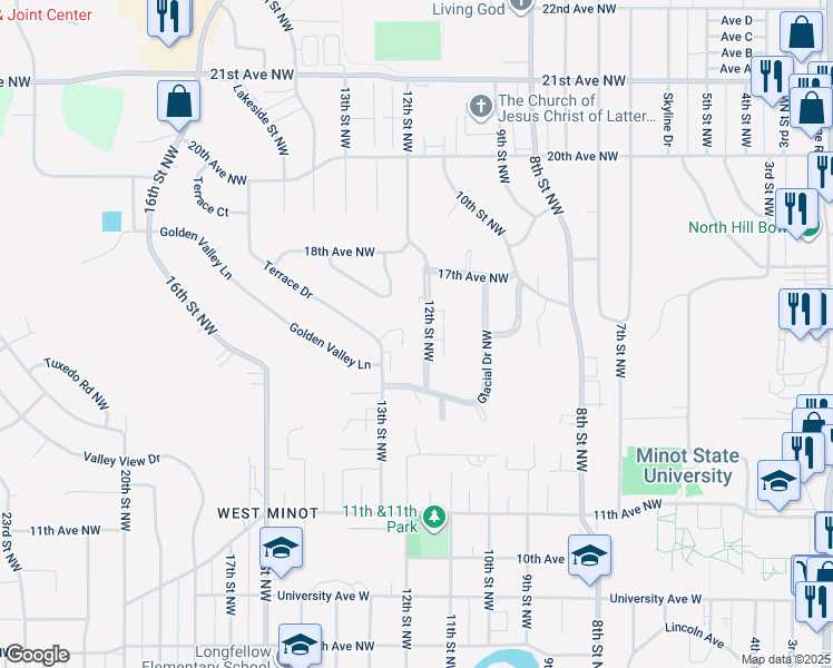 map of restaurants, bars, coffee shops, grocery stores, and more near 1525 12th Street Northwest in Minot